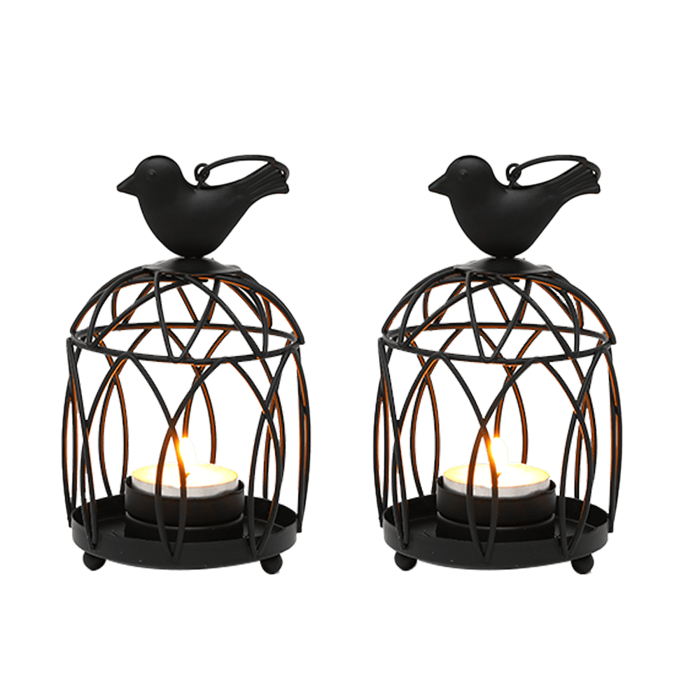 JHY DESIGN Set of 2 Small Metal Outdoor Candle Lantern， Decorative Candlestick Holders， Birdcage Votive and Tealight Candle Holder (Black)