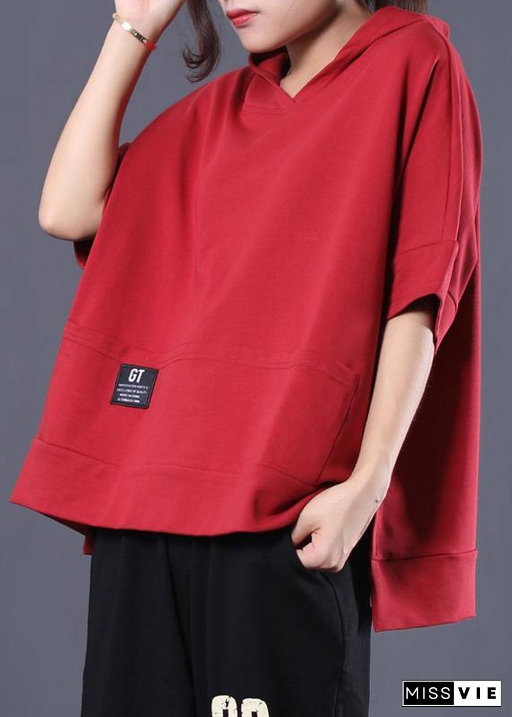 Unique hooded cotton tunic pattern red side open shirts summer