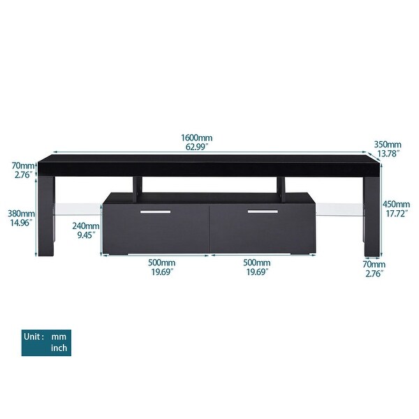 63'' RGB LED High Glossy TV Stand Cabinet with 2 Tie-Rod Drawerand 2 Glass Shelf