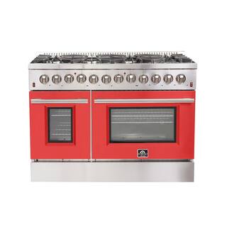 Forno Galiano 48 in. 8-Burner Double Oven Dual Fuel Range with Gas Stove and Electric Oven in Stainless Steel with Red Door FFSGS6156-48RED