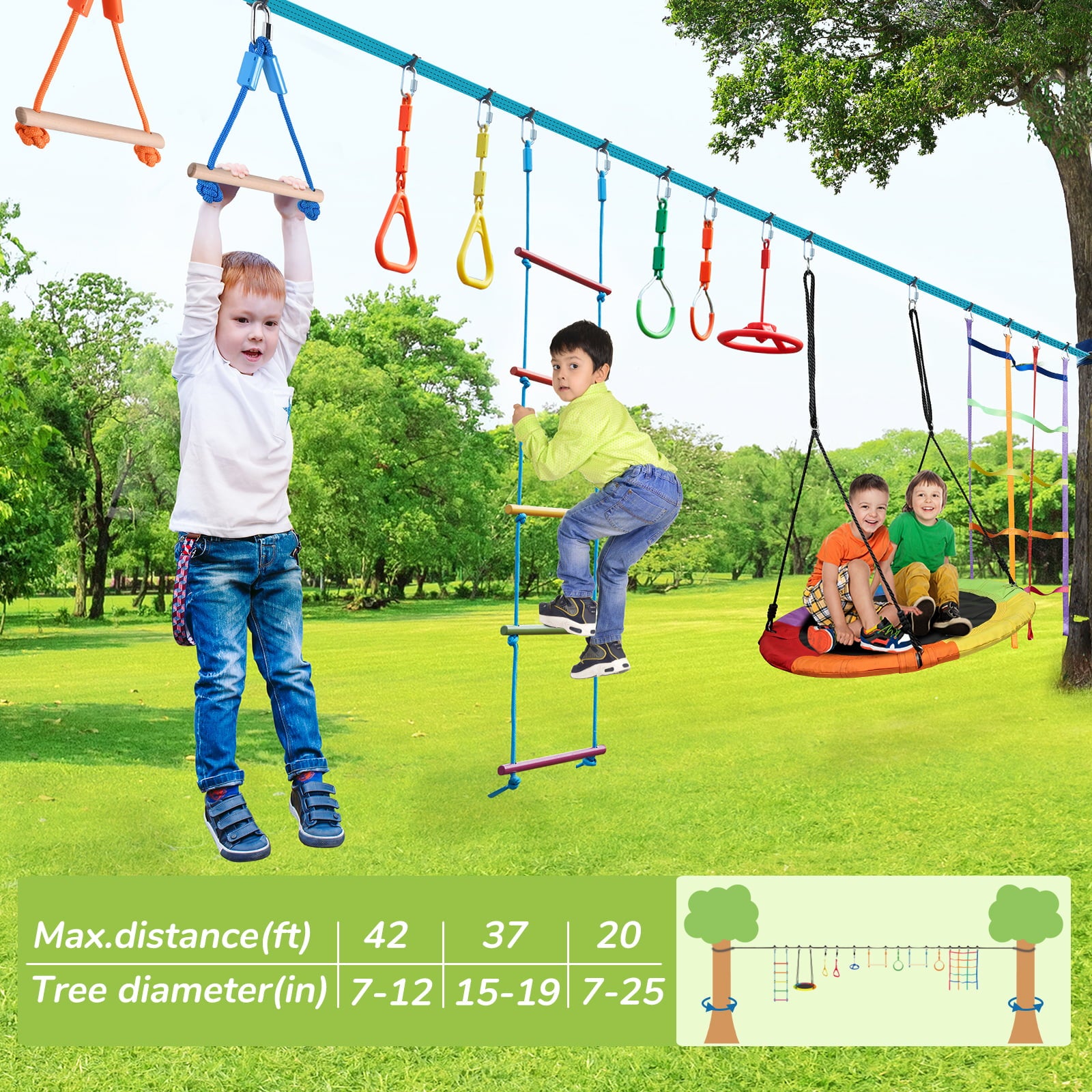 Jugader 50ft Ninja Warrior Hanging Obstacle Course Slackline Monkey Bars with Saucer Tree Swing Seat