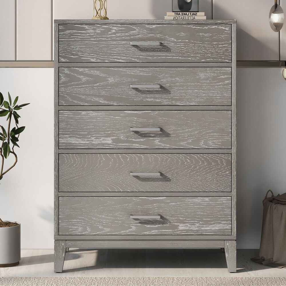 Concise Style Solid Wood Grain 5 Drawer Dresser with Tapered Legs and Smooth Gliding Drawers  Modern Storage Cabinet for Bedroom