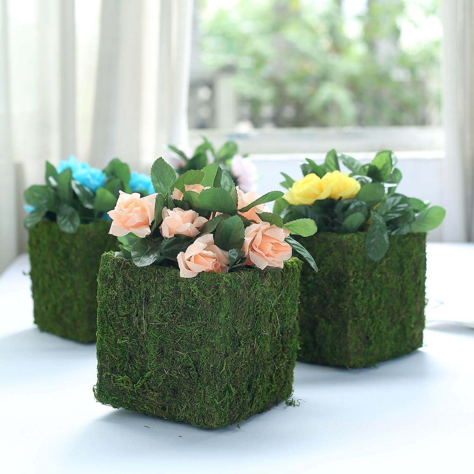 4 Pack Green Preserved Moss Covered Square Planter Boxes, Flower Baskets with Inner Lining 6