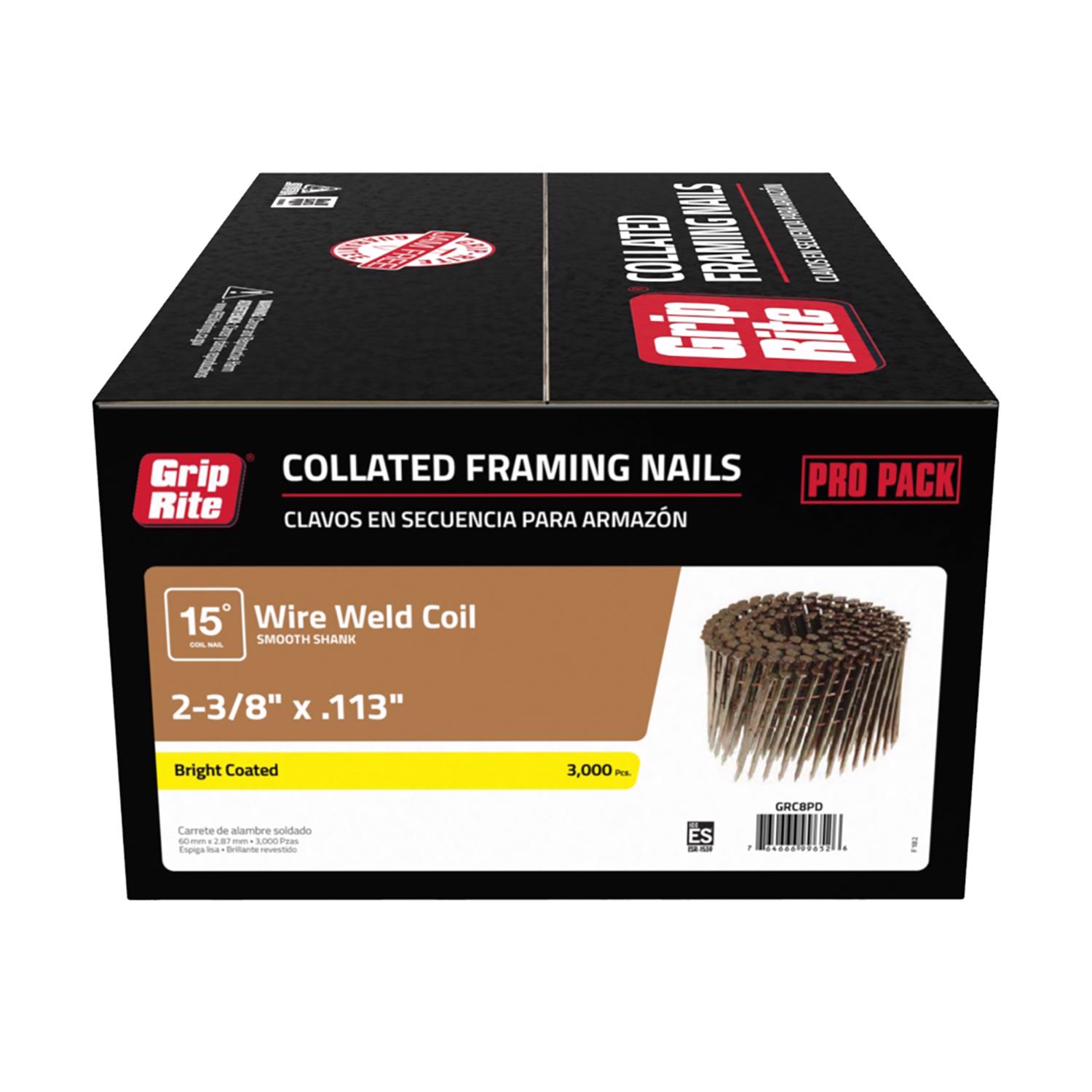 Grip-Rite 2-3/8 in. Wire Coil Bright Framing Nails 15 deg 3000 pk