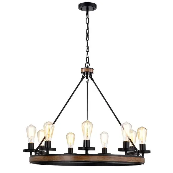 Aada Matte Black Metal 9 Light Wood Grain Finish Wagon Wheel Chandelier 32-Inch Shopping - The Best Deals on Chandeliers