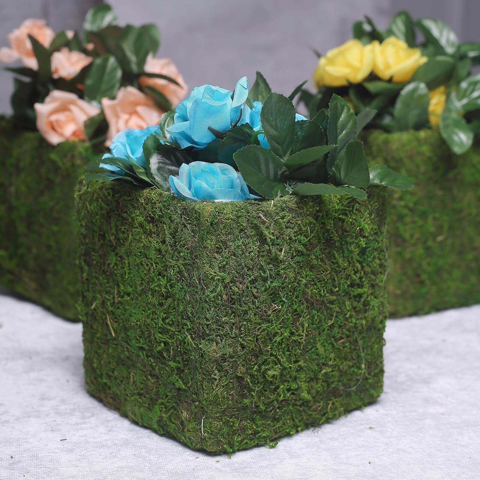 4 Pack Green Preserved Moss Covered Square Planter Boxes, Flower Baskets with Inner Lining 6