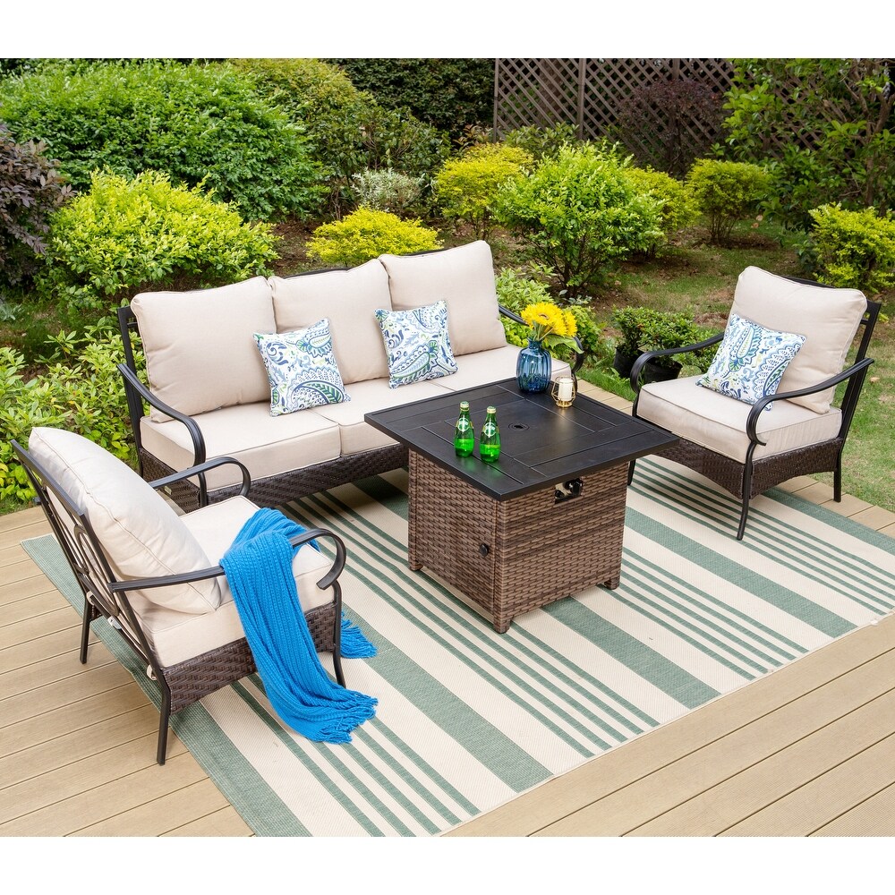 Wicker Patio Conversation Set with Gas Fire Pit Table