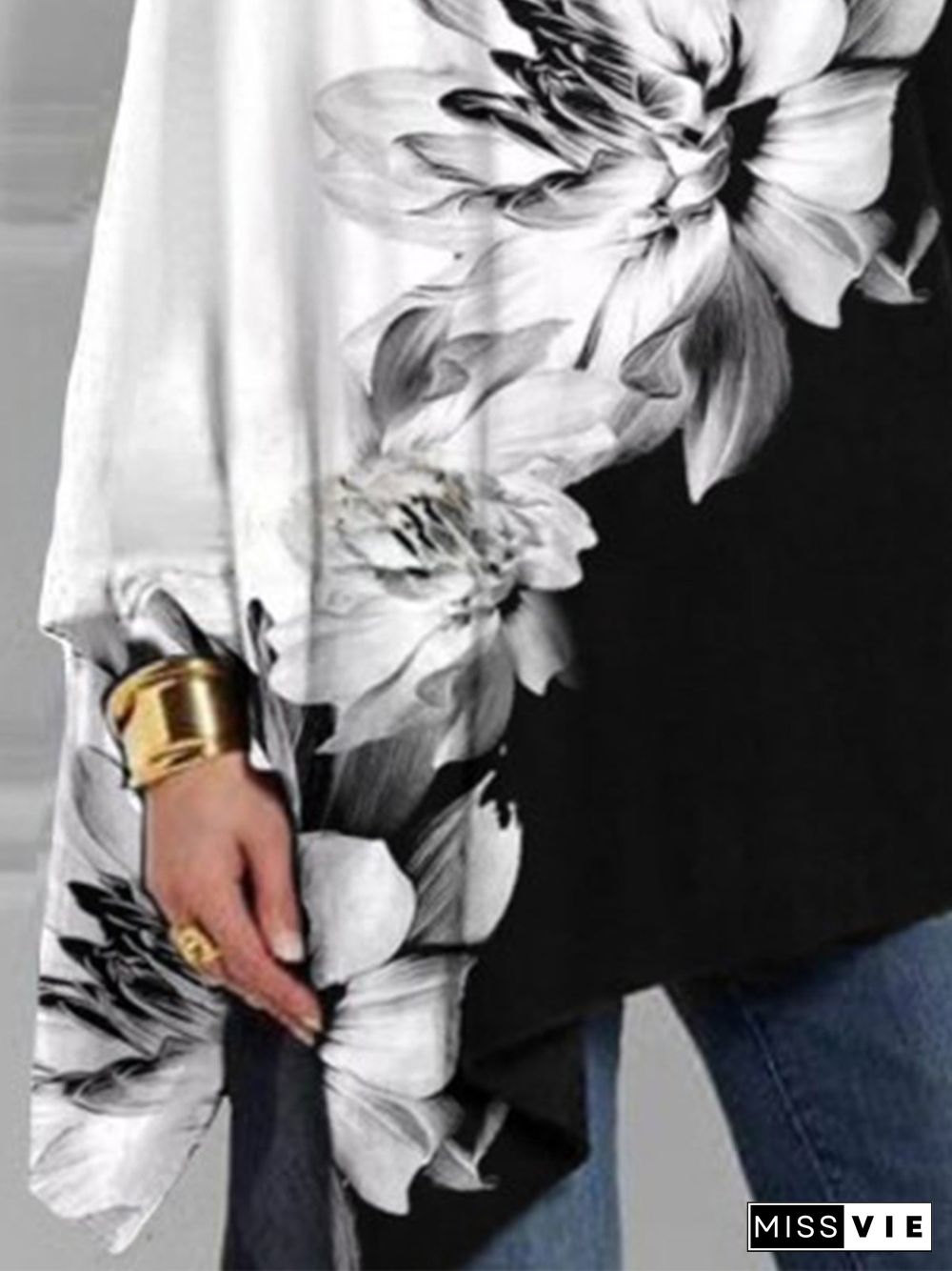 Vintage Color Block Floral Printed Long Sleeves Crew Neck Plus Size Casual Tops