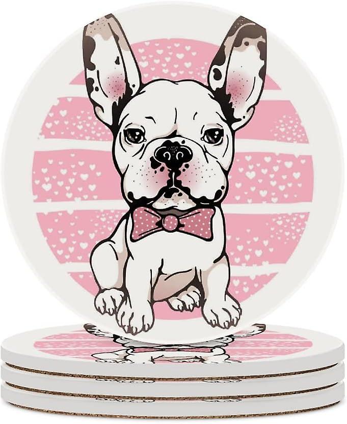 2pcs Round French Bulldog With Bow Ceramic Coasters With Cork-backed For Coffee Drink Cup Mat Absorbent Stone Coasters