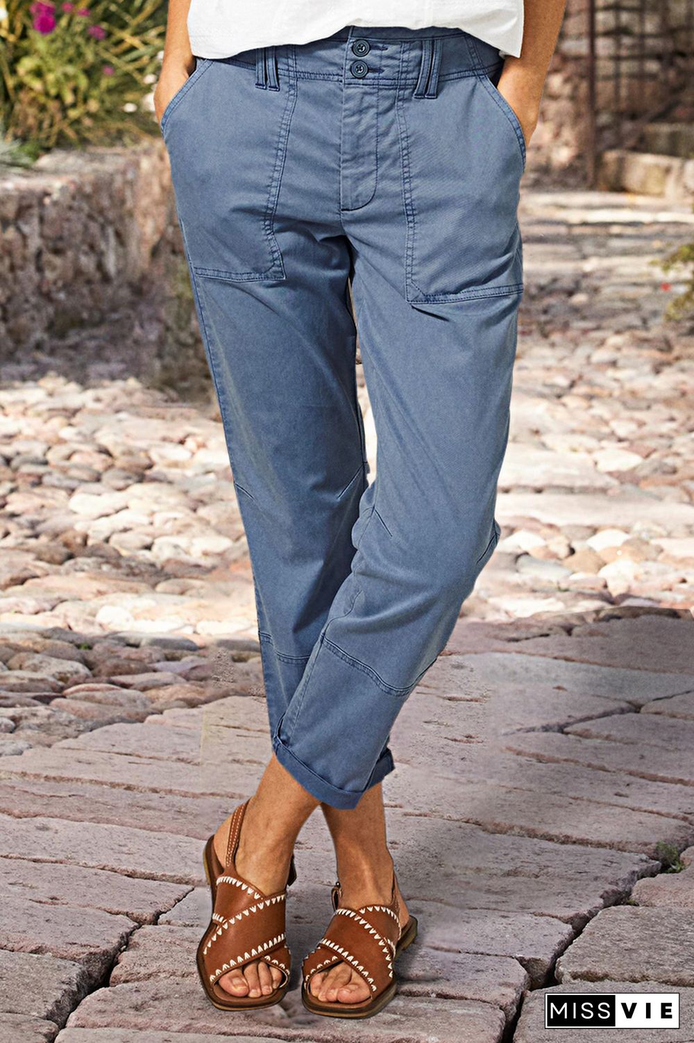 Double Button Mid Waist Straight Leg Pants