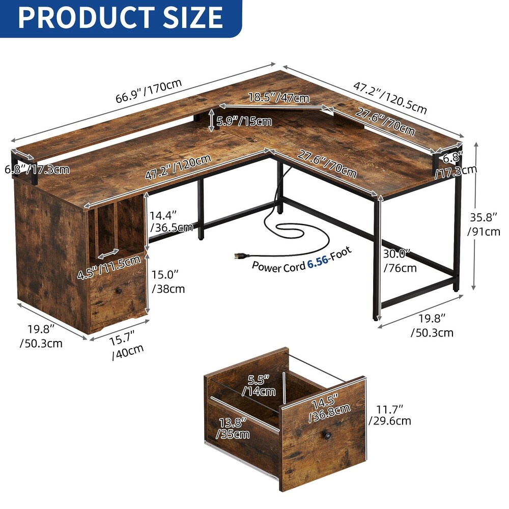 66 inch L Shaped Desk with Shelves and Monitor Stand Home Office Desk