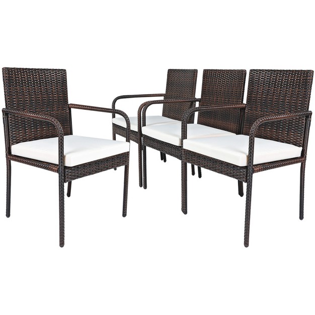 Tangkula 4 piece Outdoor Rattan Wicker Dining Chairs With Armrests amp Soft Cushions