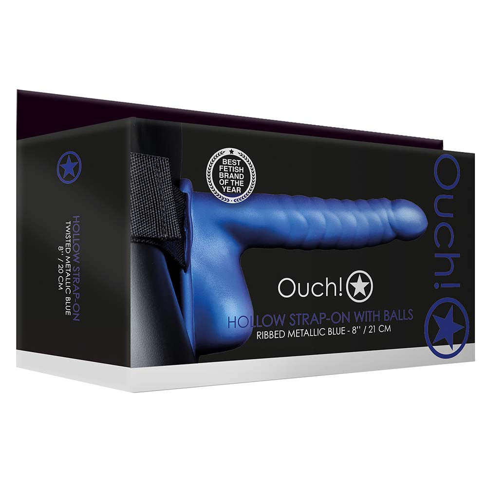 Ouch! Ribbed 8 Inch Hollow Ballsy Strap-On in Metallic Blue