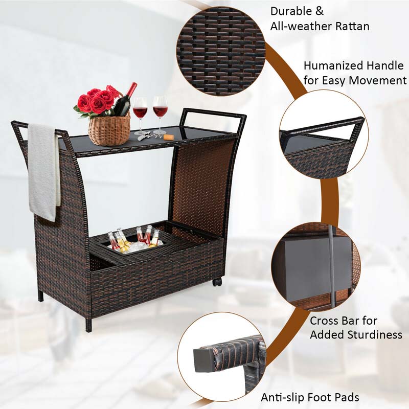 Outdoor Wicker Bar Cart Patio Wine Serving Cart Rolling Rattan Beverage Bar Counter Table with Glass Top & Ice Bucket