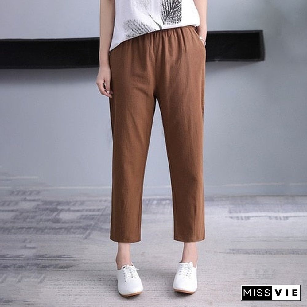 Women's Harem Pants Summer Vintage Cotton Linen Capri Pants Female Casual Loose Plus Size Ankle Length Mom Pant Woman Trousers