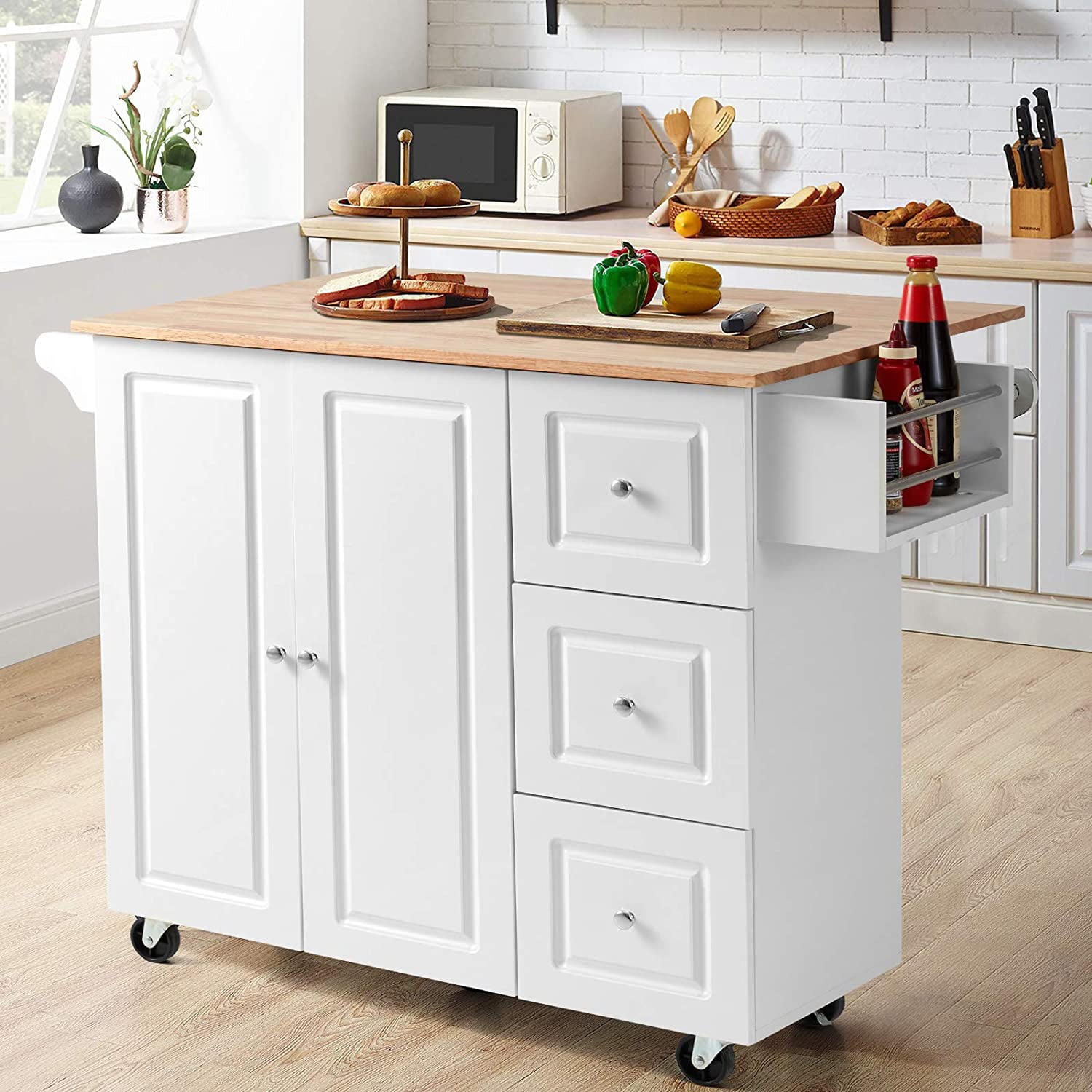 Rolling Kitchen Island Cart with Storage,Wood Tabletop Kitchen Cart w/ 2 Wheels