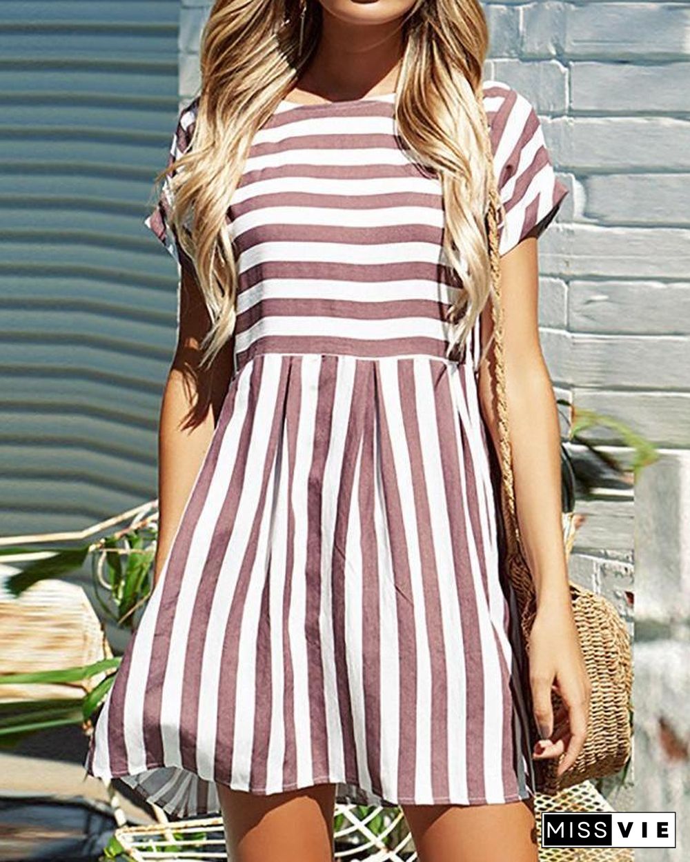 Striped Short Sleeve Casual Tunic Dress P15597