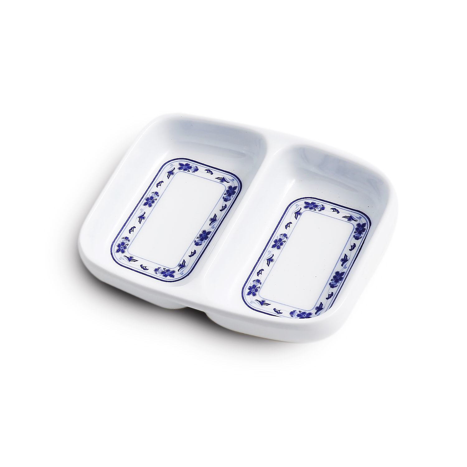 Peony， Rectangular Double Sauce Dish， Melamine， White， Blue Rim，Pack of 8