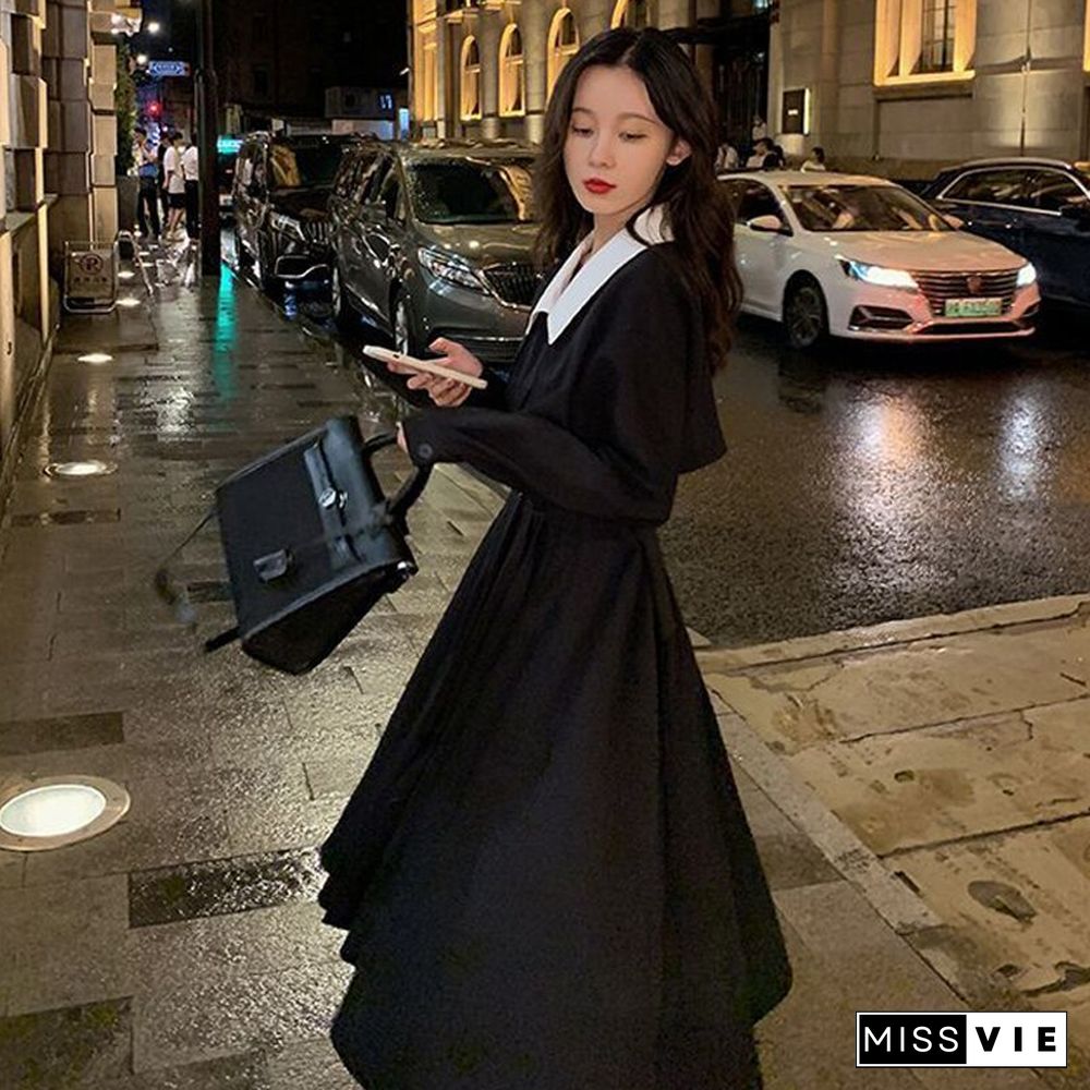 Spring Autumn Elegant Black Dress Women Loose Casual Midi Dress Korean Fashion Lady Trench Dress Street Wear Clothes New