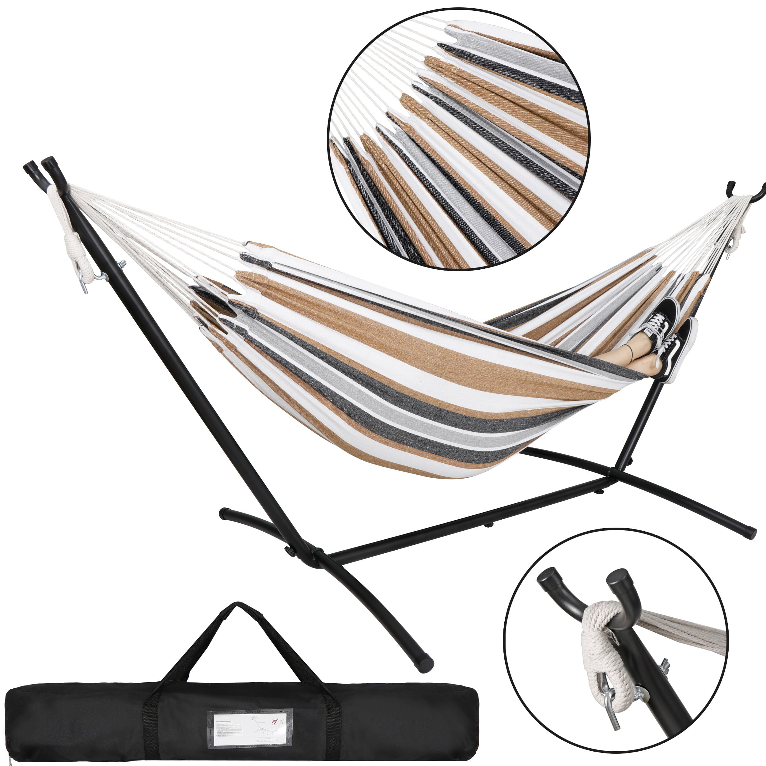 SuperDeal Double Size Striped Hammock Camping Swing Oxford Cloth + Steel Stand 112in x 42in 440lbs Brown-Gray