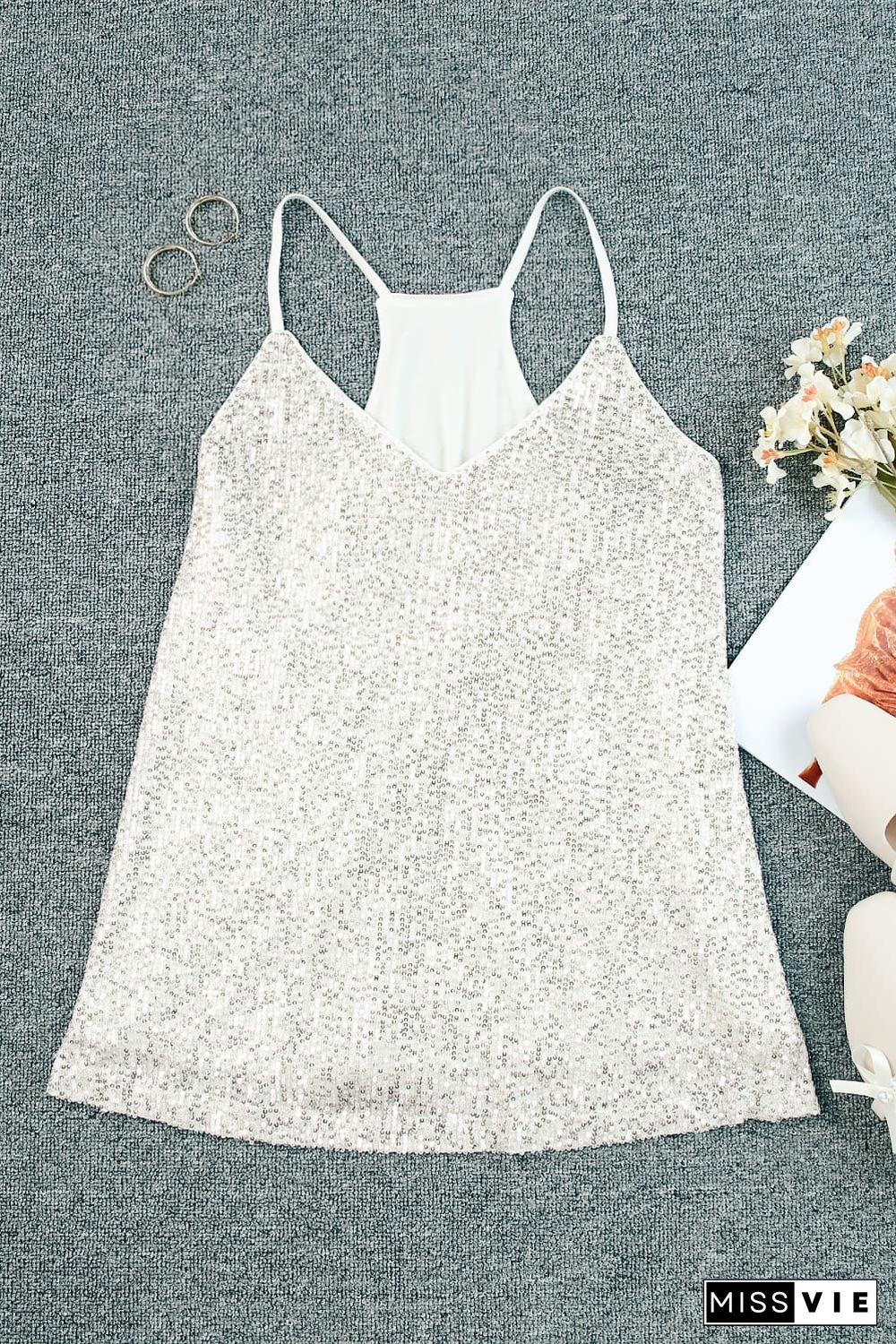 Silver Spaghetti Straps Sequin Tank Top