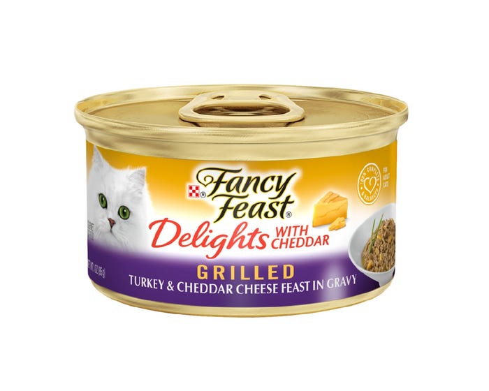 Purina Fancy Feast Delights Grilled Turkey  Cheddar Cheese Feast in Gravy Wet Cat Food， 3 oz. Can