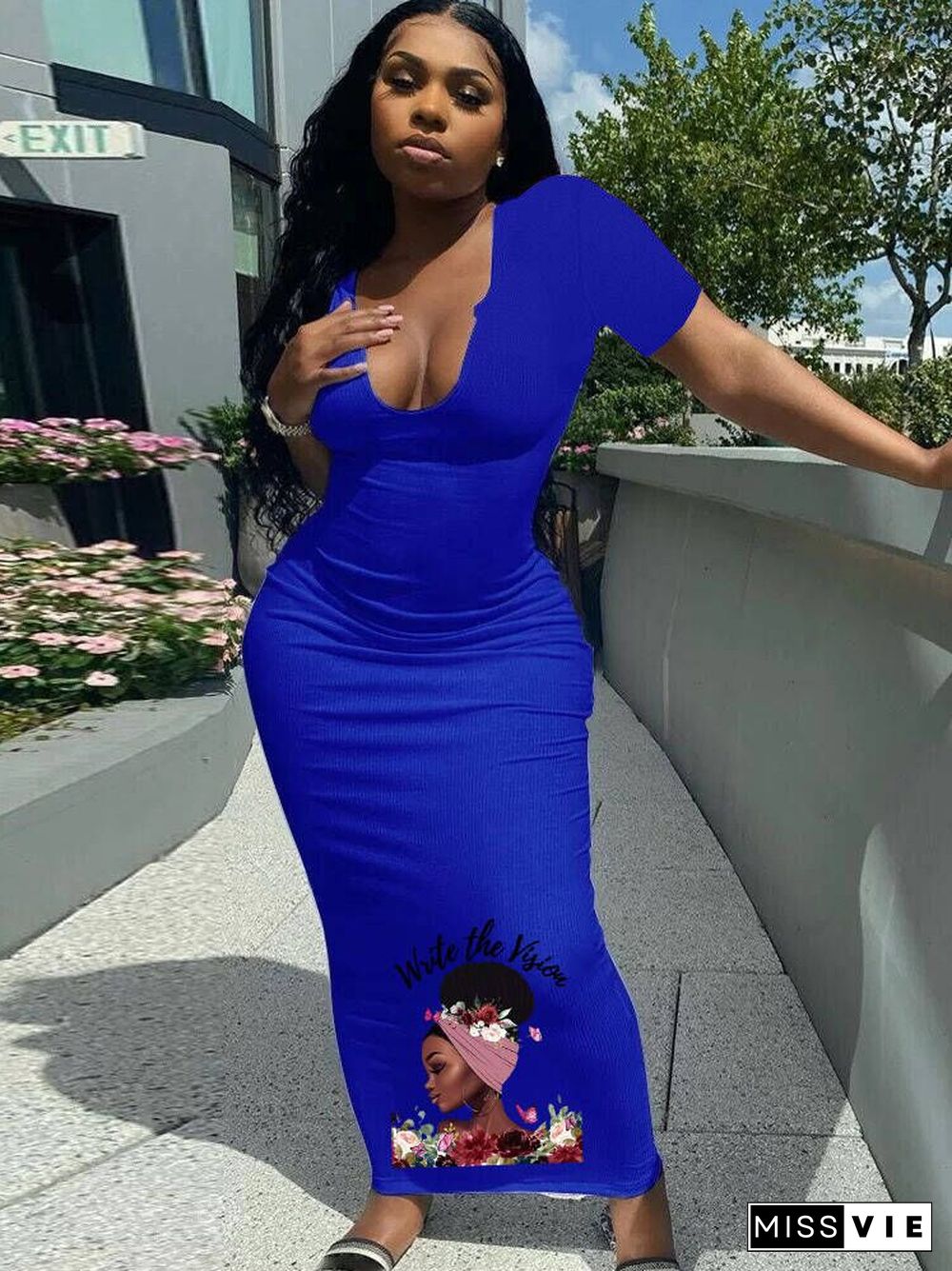 V Neck Short Sleeve Bodycon Maxi Dresses