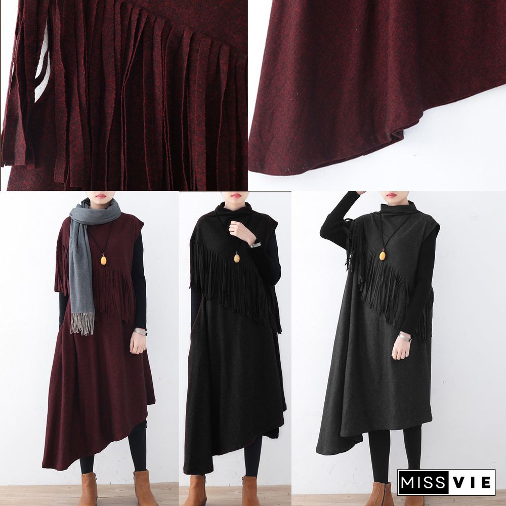 Fine burgundy long woolen trendy plus size tassel fall dresses Elegant asymmetric hem winter dress