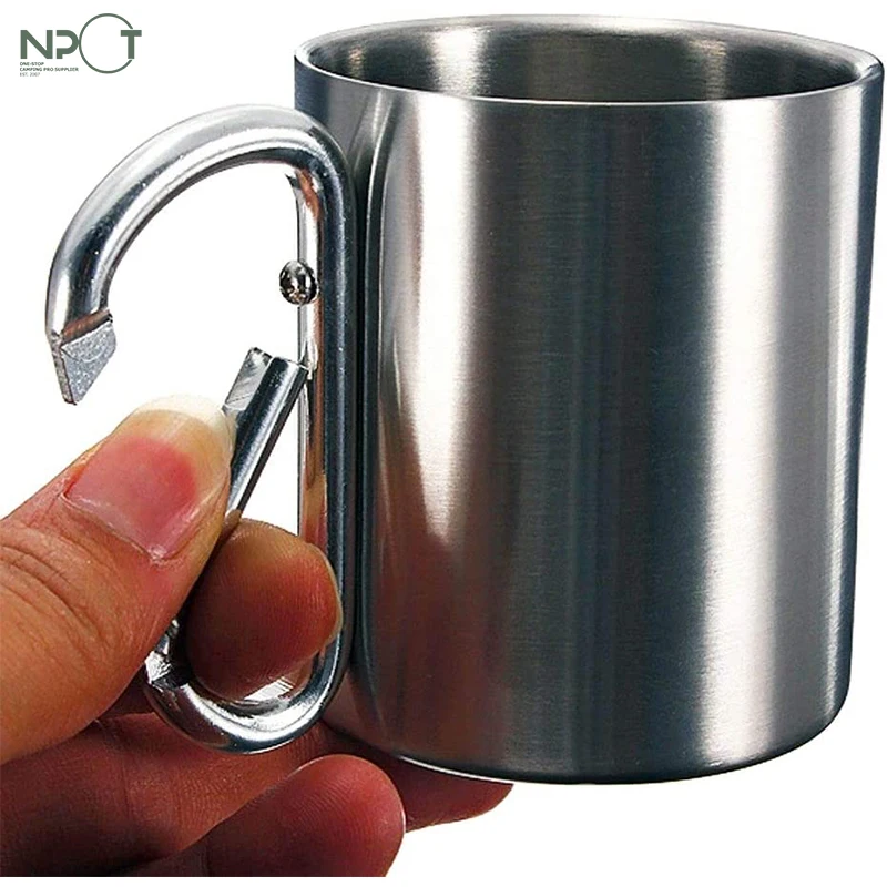 NPOT  Portable Stainless Steel Metal Cup Hiking Camping Traveling Outdoor Carabiner Climbing Cups Double Wall Mug with D Ring