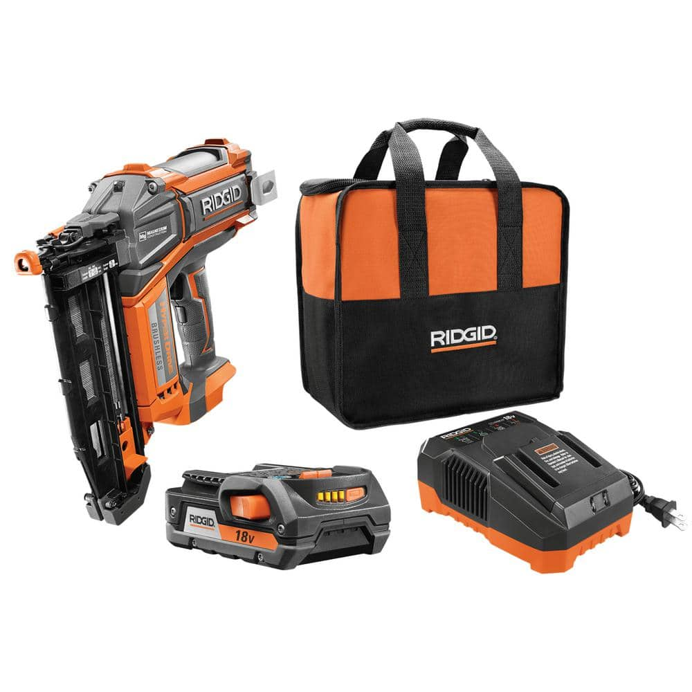 RIDGID 18V Brushless Cordless HYPERDRIVE 16-Gauge 2-1/2 in Straight Finish Nailer, 2 Ah Battery, Charger, Belt Clip and Bag R09892K