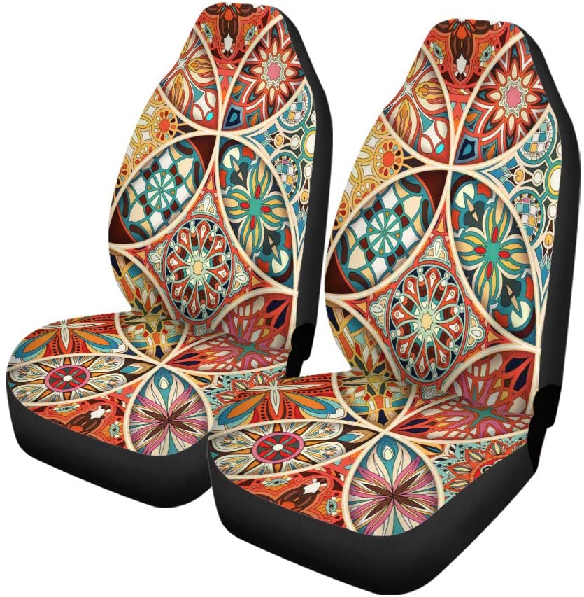 FMSHPON Set of 2 Car Seat Covers Abstract Mandalas Vintage African Batik Bohemian Carpet Eastern Universal Auto Front Seats Protector Fits for Car，SUV Sedan，Truck