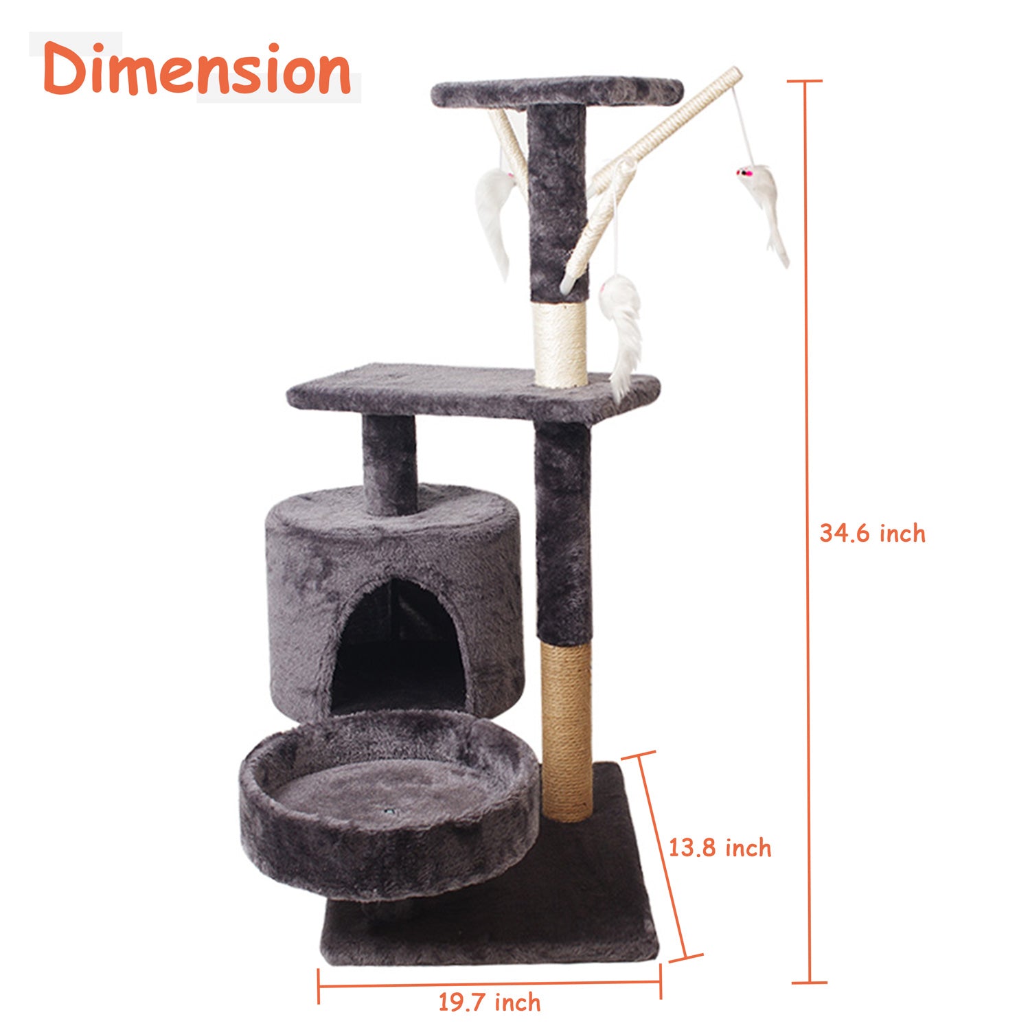 Walchoice Dark Gray Cat Tree Tower， Cat Furniture Activity Center with Scratching Post， 34.6” x 19.7” x 13.8”