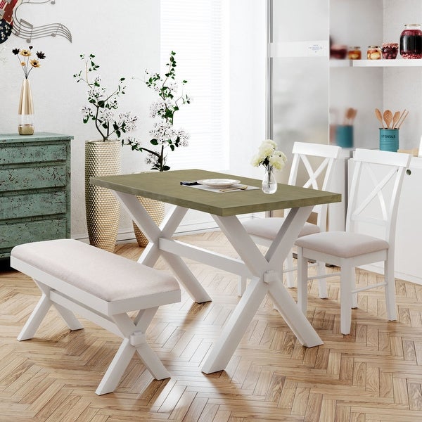 4-piece kitchen table with 2 upholstered x-backed chairs and bench (grey green + white + beige)