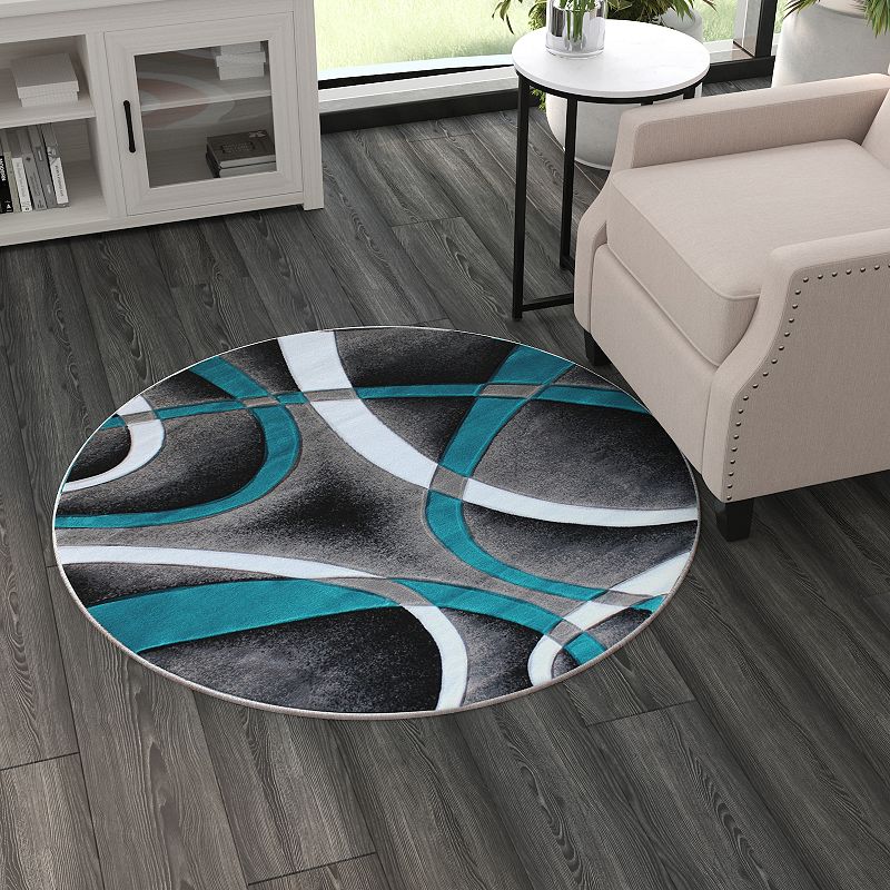 Masada Rugs Masada Rugs Sophia Collection 4'x4' Round Area Rug with Hand Carved Intersecting Arch Design in Turquoise， White， Gray and Black