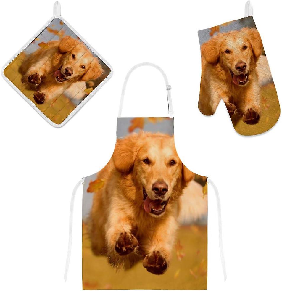 Insulation Kitchen Oven Mitts Potholder Apron 3pcs Set Golden Retriever Jump Through Leaves Non Slip Heat Resistant Gloves Baking Cooking Bbq