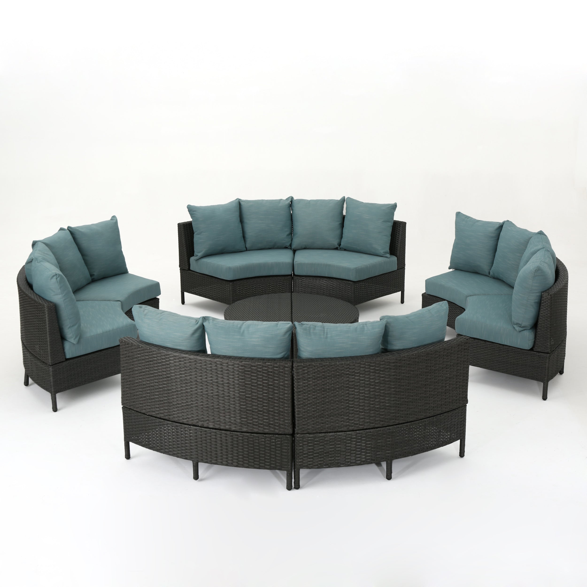 Venice Outdoor 10 Piece Gray Wicker Sectional Sofa Set with Teal Cushions