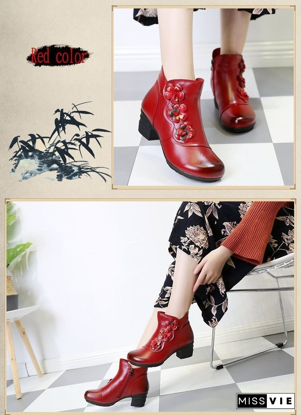 Cow Genuine Leather Winter Boots Soft Flower Comfortable Warm Spare Heel Ankle Boots