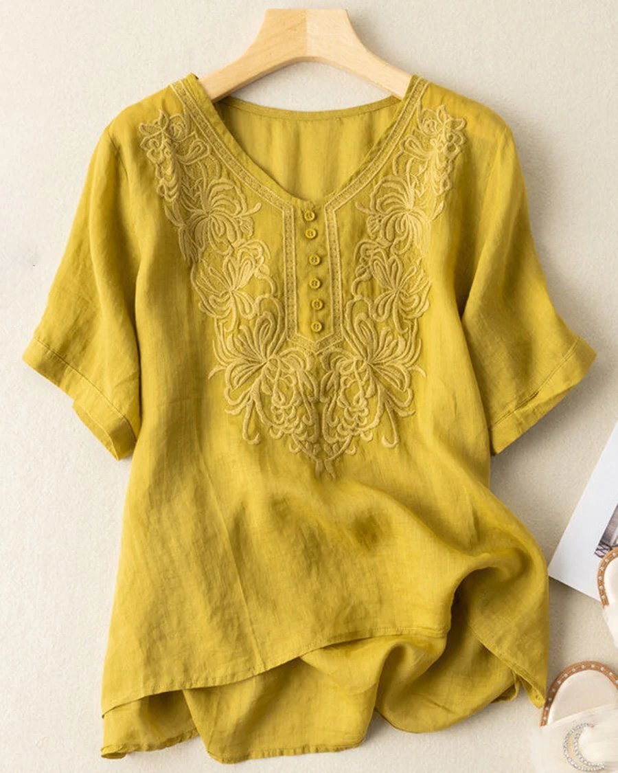 Cotton Linen Fine Embroidery V-neck Casual Top
