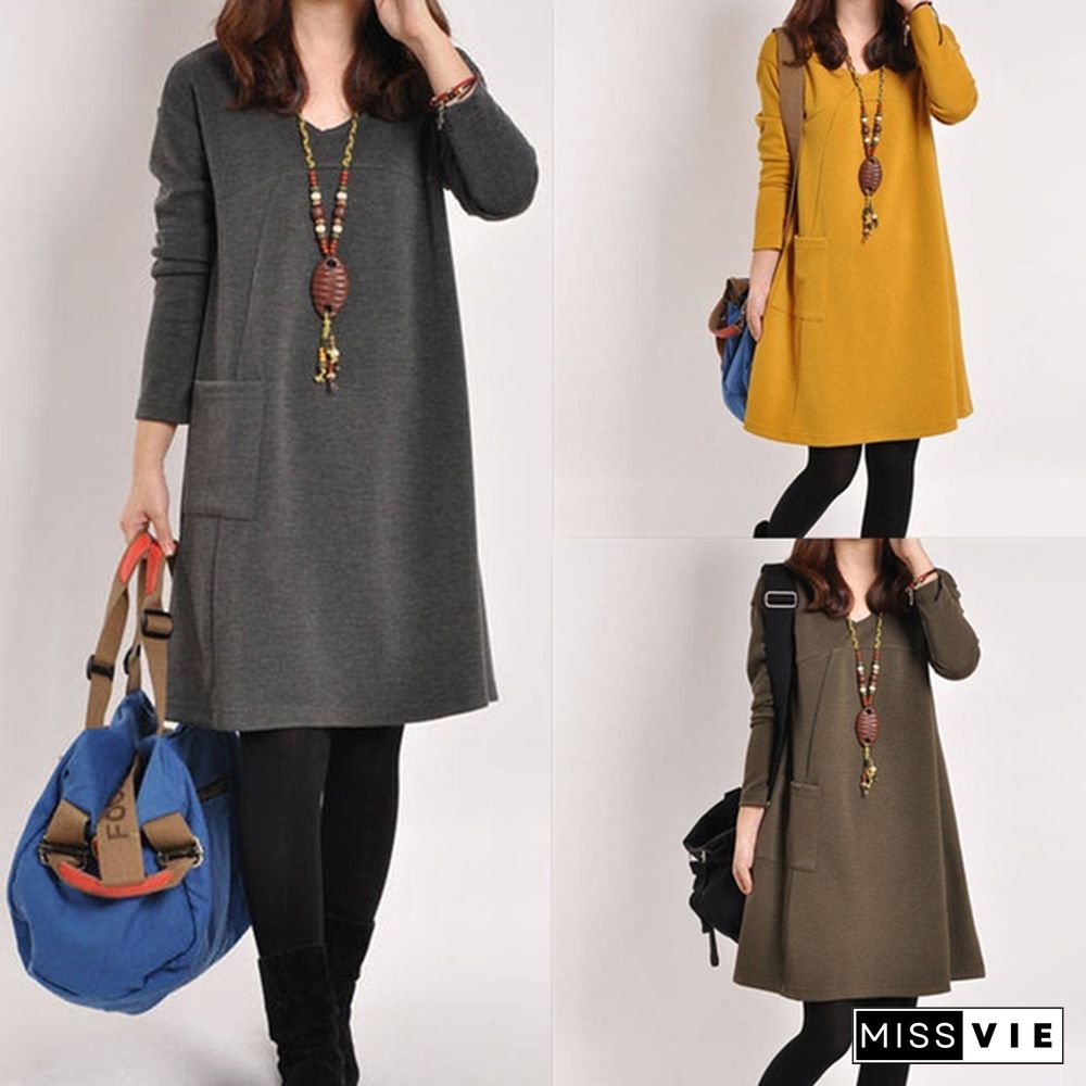 Women Autumn Long Sleeve Pocket Loose Maternity Swing Dress Casual Cotton V-neck Pregnancy Dress