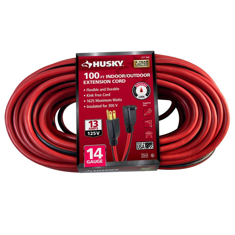 Husky 100 ft. 143 Medium Duty IndoorOutdoor Extension Cord RedBlack 63100HY