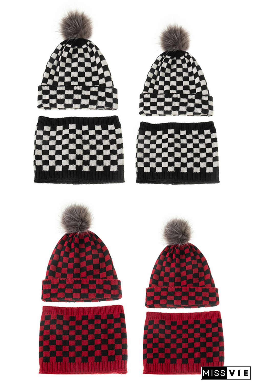 Black White Red Plaid Parent-child Knitted Hat & Scarf 4pcs Set Wholesale MOQ3pcs