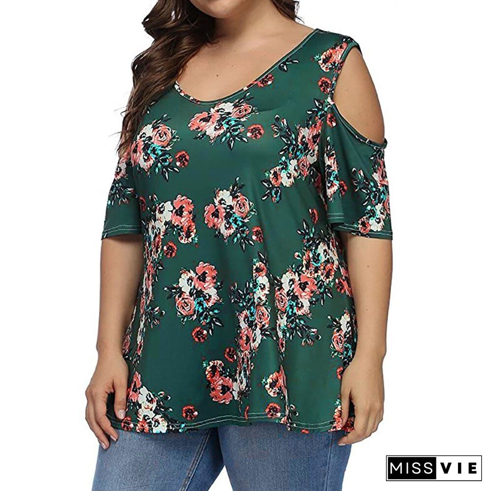 5XL Plus Size Women Floral Print Round Neck Tops and Blouse Lady Hollow Out Half Sleeve Summer Casual Female Loose T Shirts D30