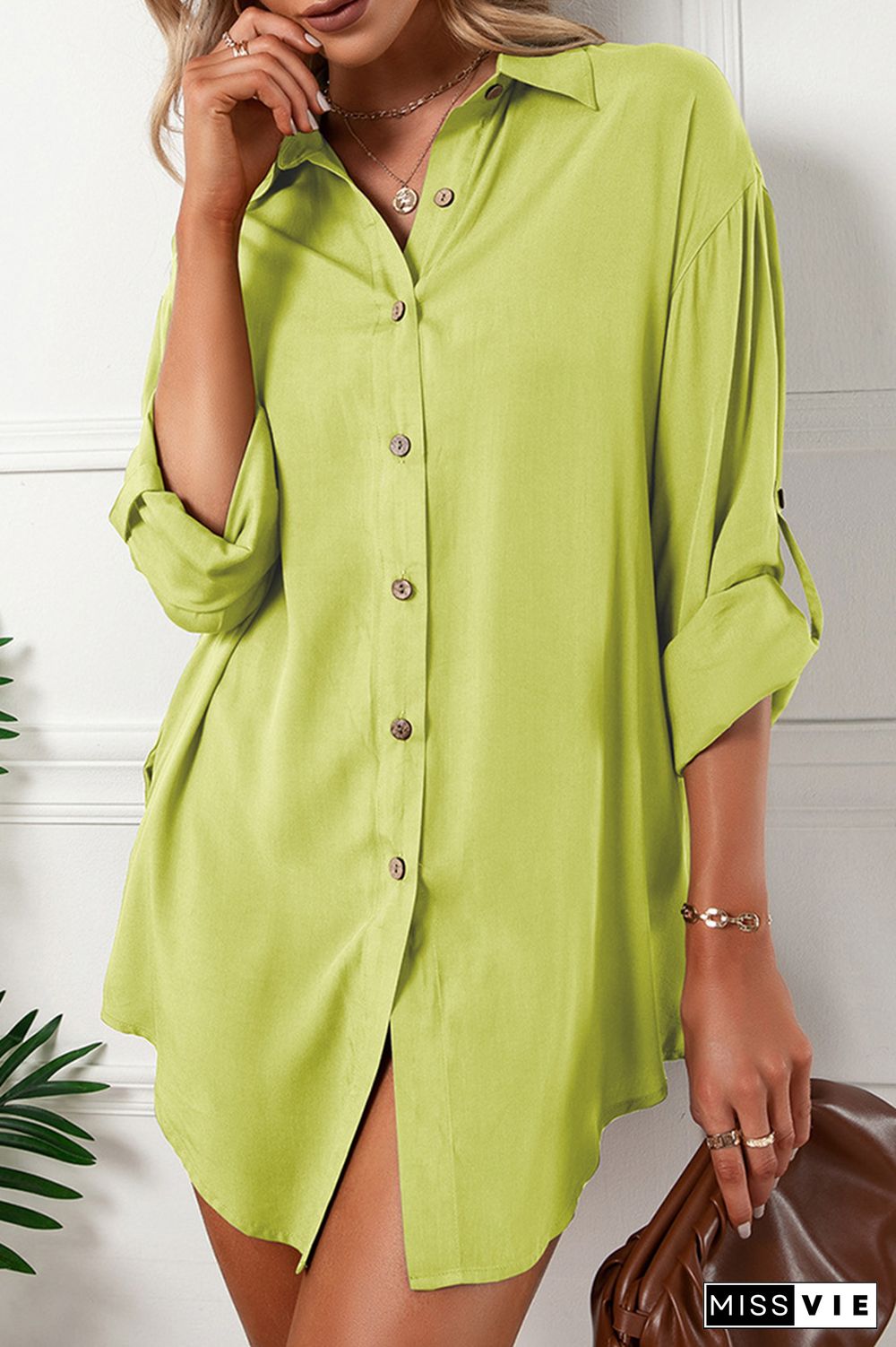 Casual Solid Buckle Turndown Collar Shirt Dress (6 Colors)