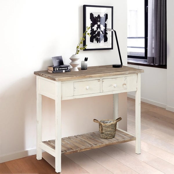 Distressed White and Brown Wood 2-drawer Console Table - 31.5