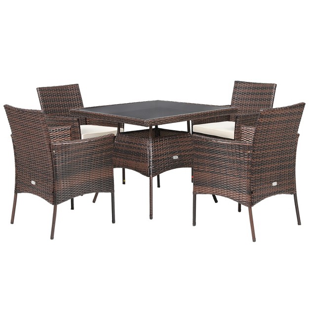 Tangkula 5 Pcs Outdoor Rattan Dining Set Patio Wicker Conversation Set W cushioned Chair amp Glass Table