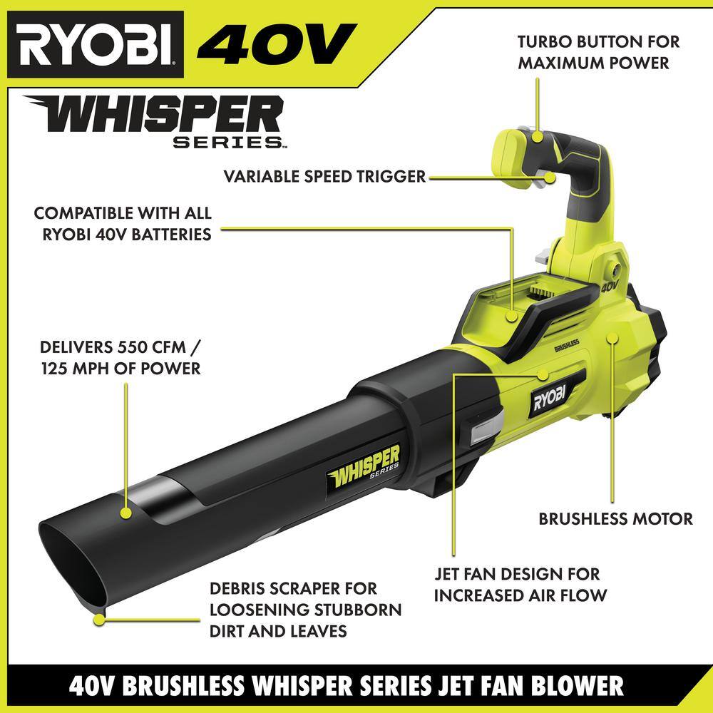 RYOBI RY40470-LB 40V Brushless 125 MPH 550 CFM Cordless Battery Whisper Series Blower and Lawn and Leaf Bag w/ 4.0 Ah Battery and Charger