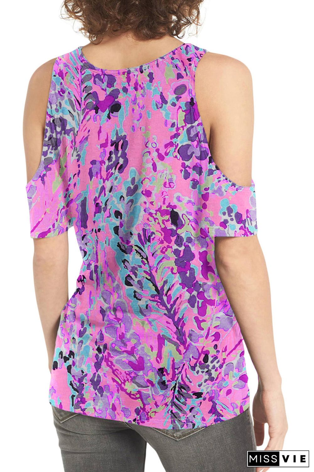 Multicolor Lavender Floral Print Cold Shoulder Blouse