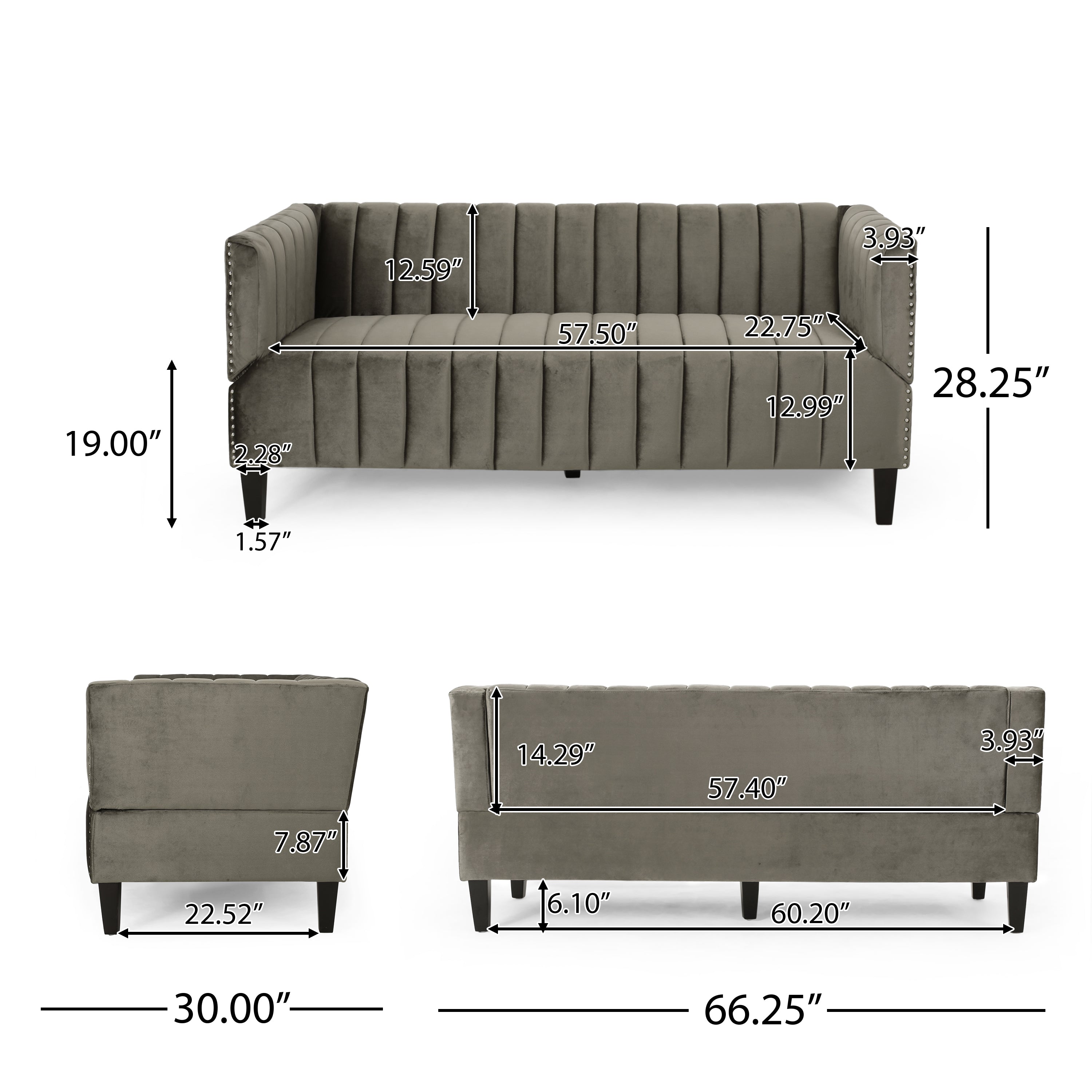 Masie Contemporary Channel Stitch Velvet 3 Seater Sofa