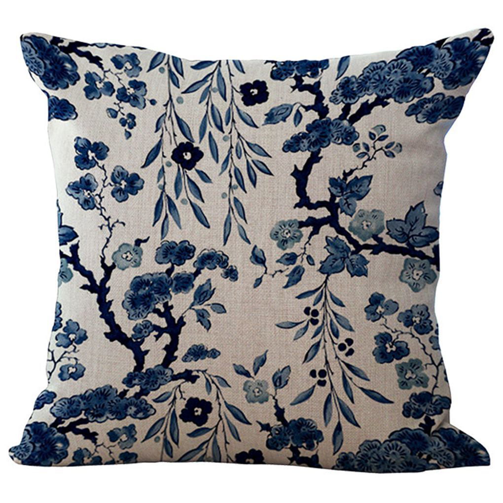 Floral Elk Blue and White Cotton Linen Throw Pillows Case Cushion Cover 18x18 inch