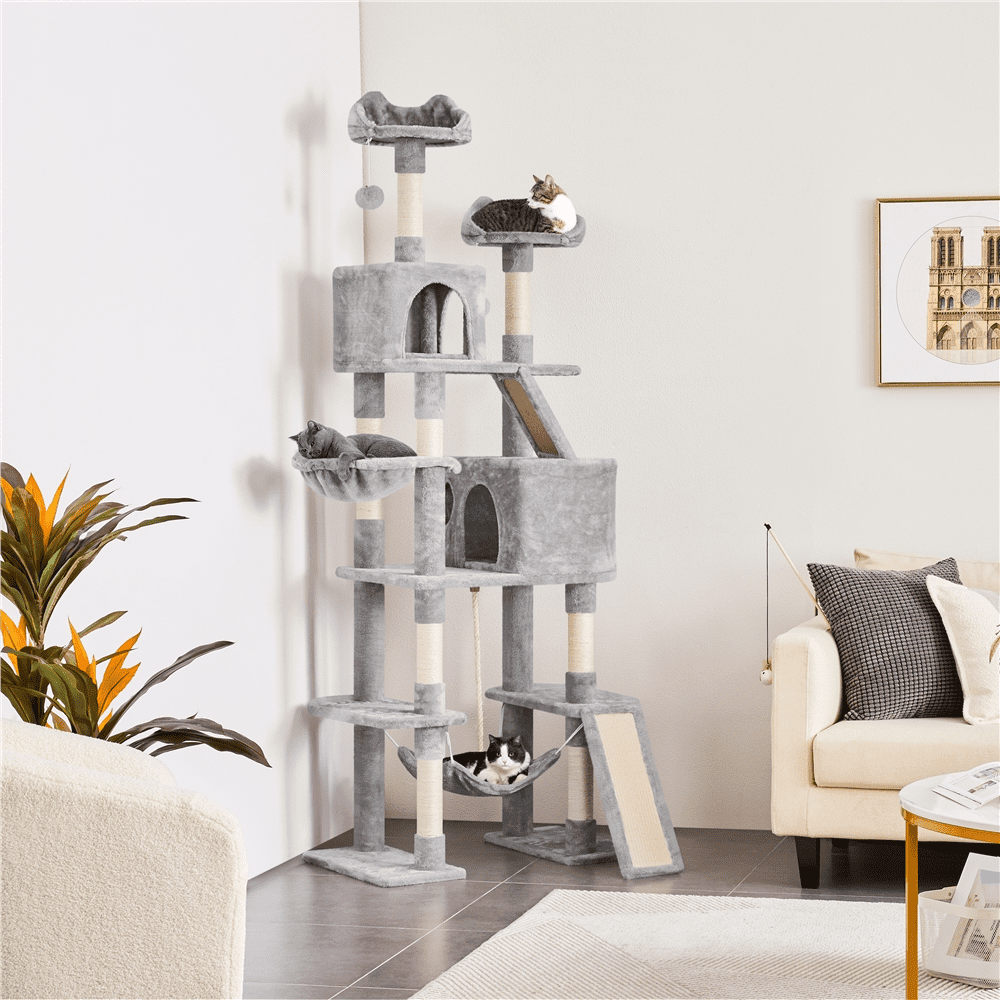 SMILE MART 82.5″ H Multi Level Large Cat Tree with 2 Cozy Condos for Indoor Small/Medium Cats, Light Gray